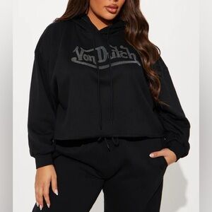 Von Dutch NWT Black Cropped Rhinestone Logo Hoodie | Size XL | Oversized Y2K